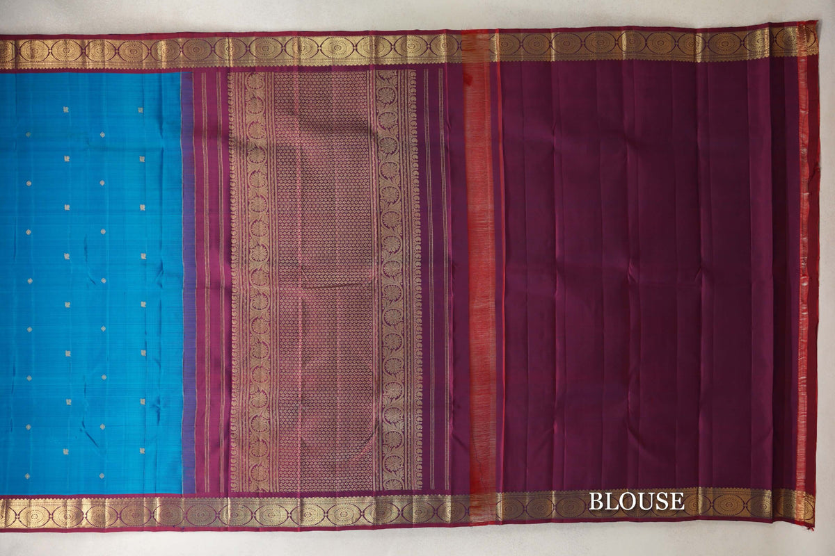 Azure Blue with Wine Red Borders Vintage Kanjivaram Silk Saree blouse
