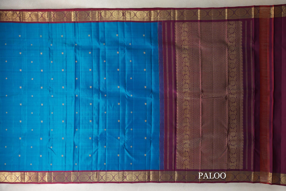 Azure Blue with Wine Red Borders Vintage Kanjivaram Silk Saree paloo