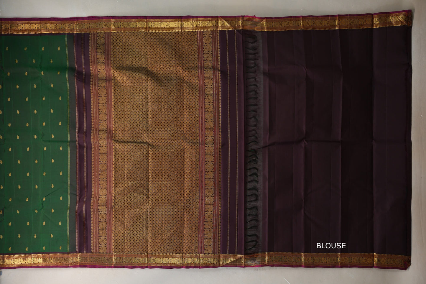 Leaf green with Deep Plum borders Vintage Kanjivaram Silk Saree SS9097