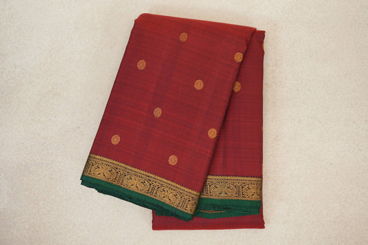 Deep Red with Plum Brown with Dark Green Selvedge Borders Vintage Kanjivaram Silk Saree