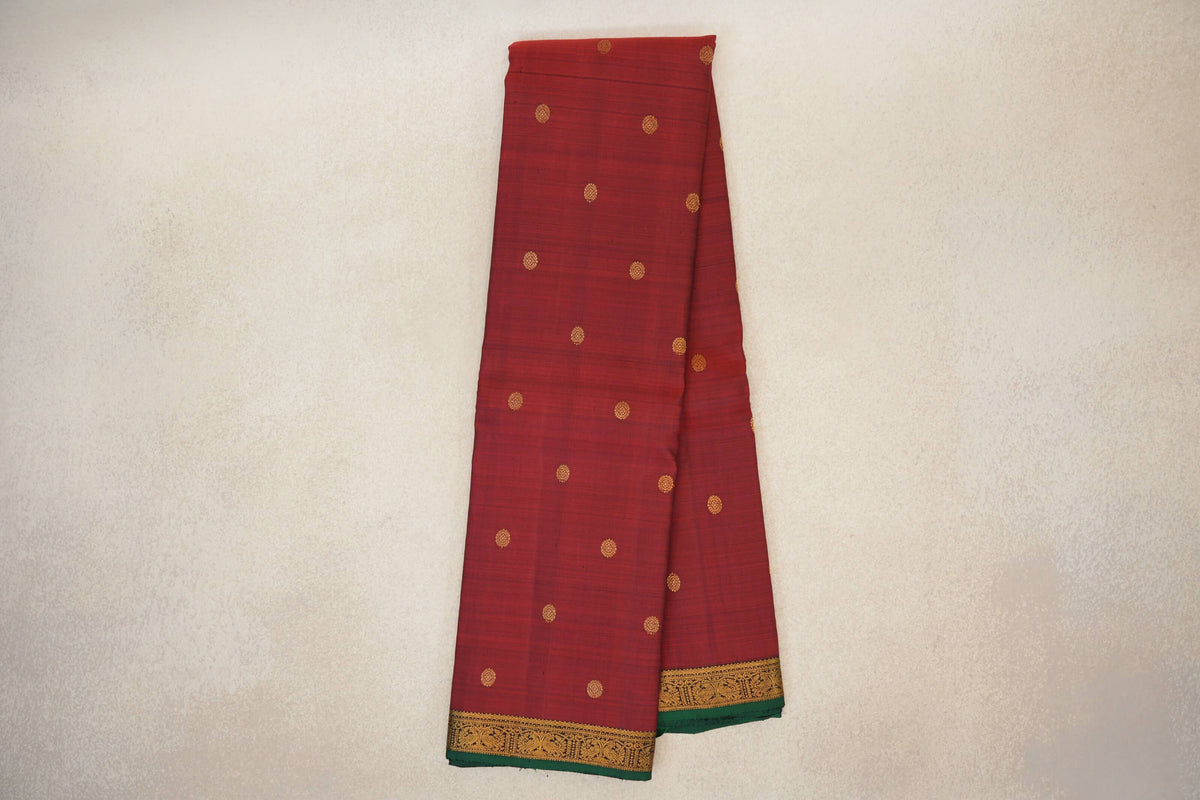 Online Deep Red with Plum Brown with Dark Green Selvedge Borders Vintage Kanjivaram Silk Saree