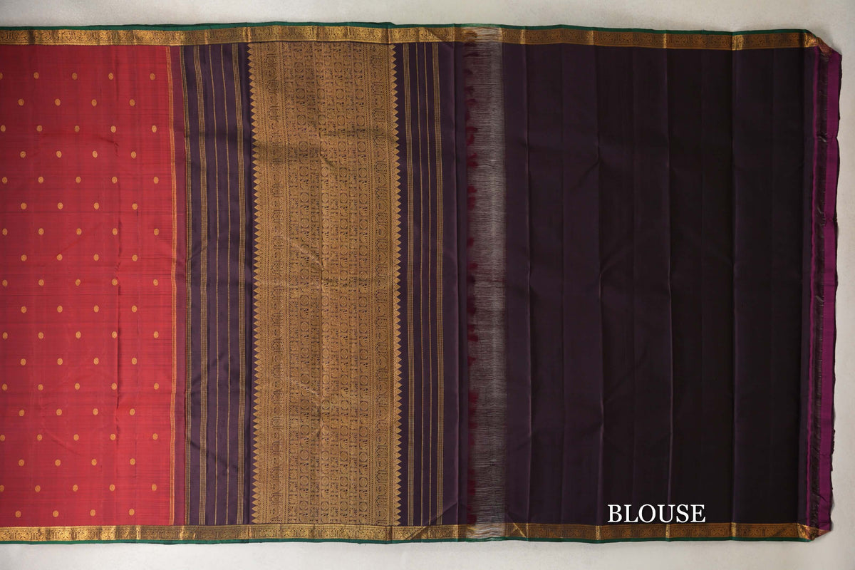 Deep Red with Plum Brown with Dark Green Selvedge Borders Vintage Kanjivaram Silk Saree blouse