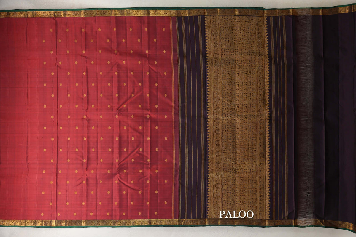 Deep Red with Plum Brown with Dark Green Selvedge Borders Vintage Kanjivaram Silk Saree paloo