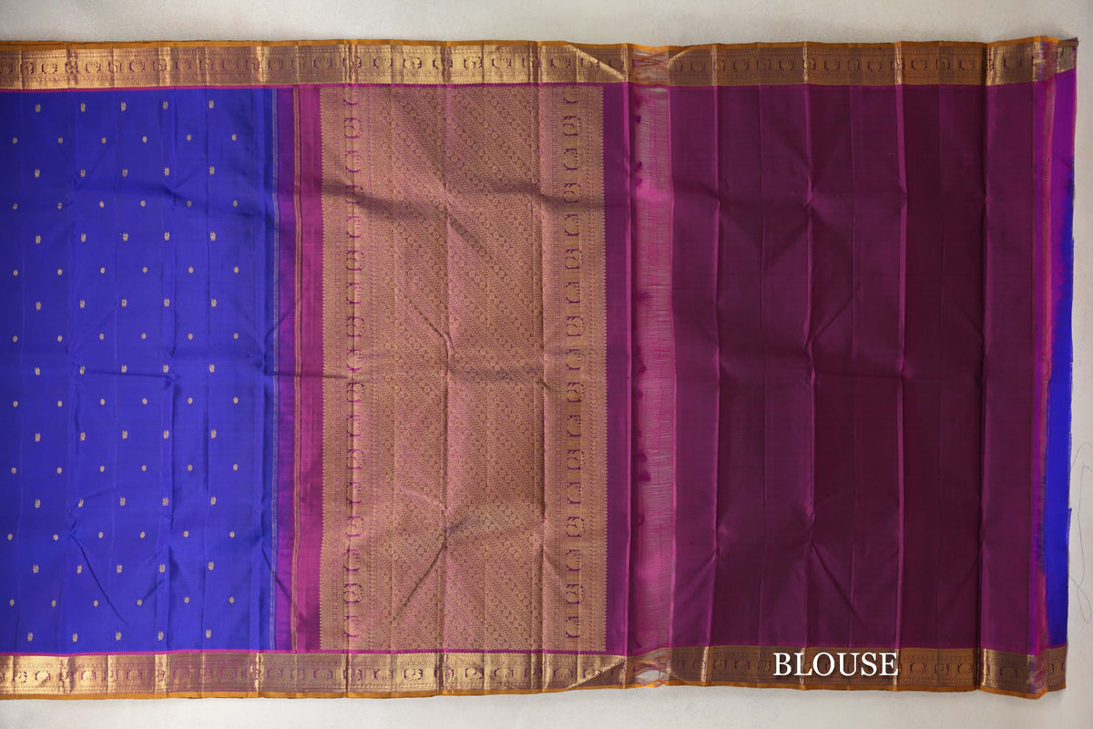 Deep Violet with Deep Magenta with Mustard Selvedge Borders Vintage Kanjivaram Silk Saree blouse