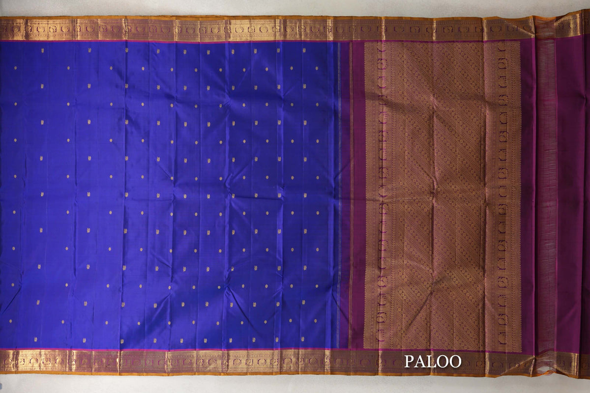 Deep Violet with Deep Magenta with Mustard Selvedge Borders Vintage Kanjivaram Silk Saree paloo
