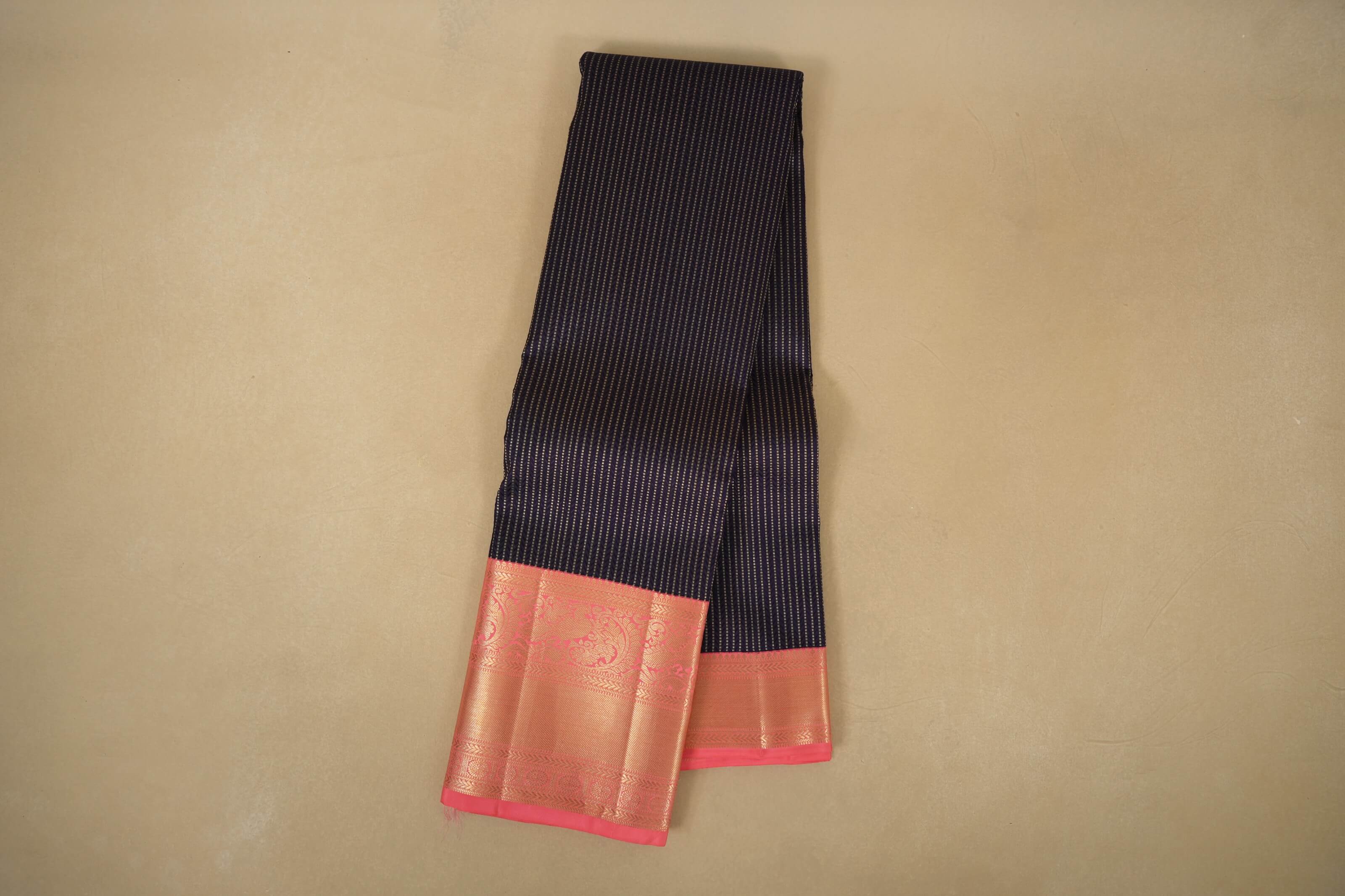 Navy Blue with Peach Borders Kanjivaram Silk Saree 