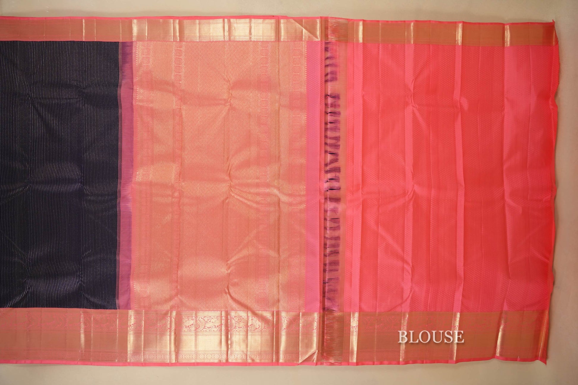 Navy Blue with Peach Borders Kanjivaram Silk Saree blouse