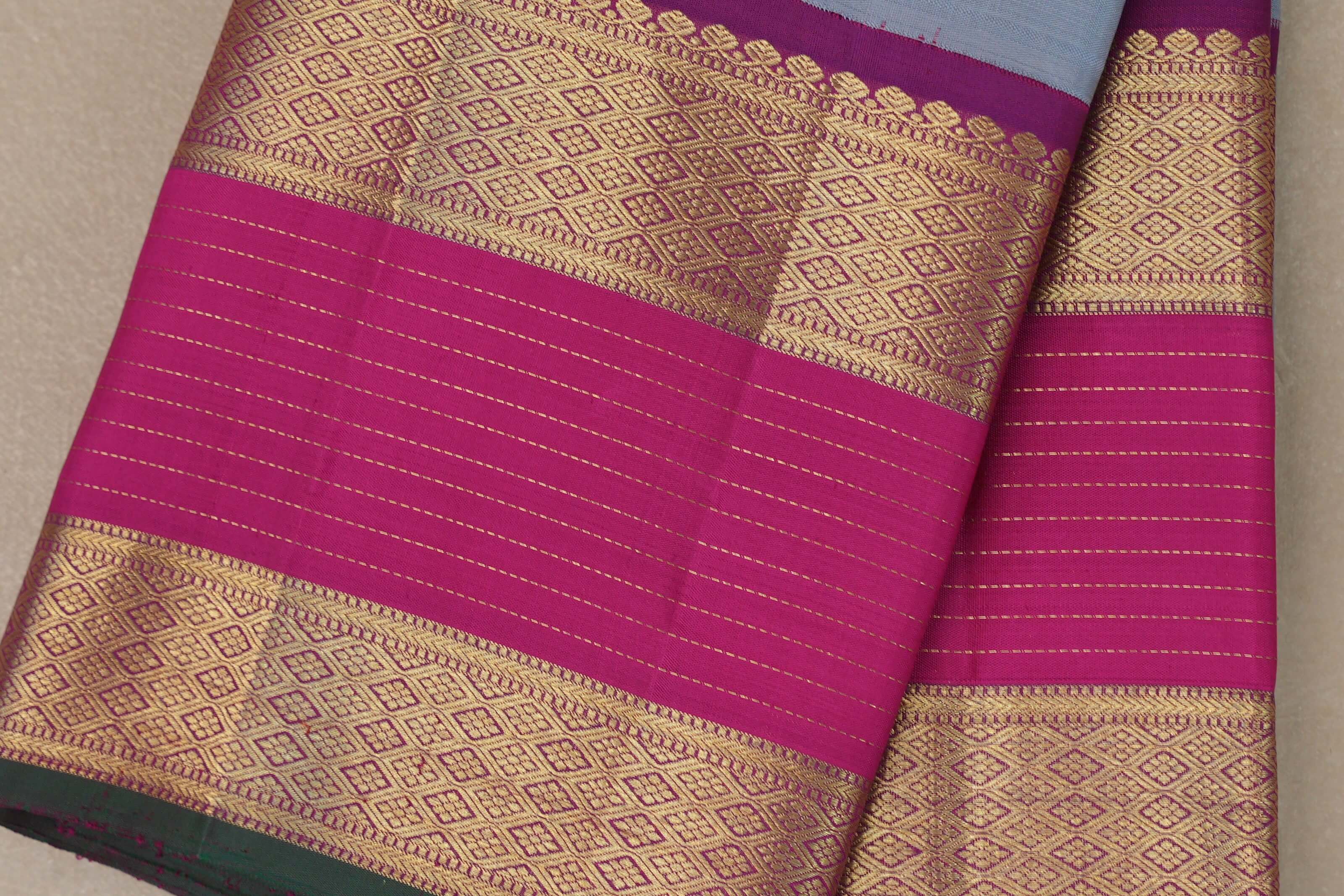 Ash grey with Bright Rani Pink borders Vintage Kanjivaram Silk Saree SS9100