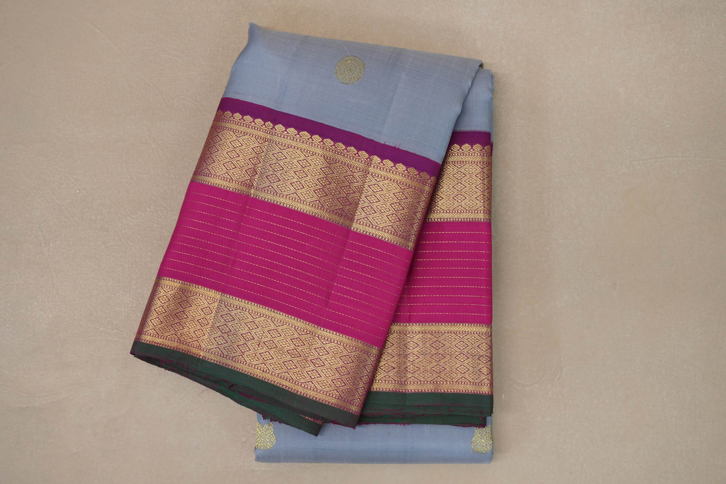 Ash grey with Bright Rani Pink borders Vintage Kanjivaram Silk Saree SS9100