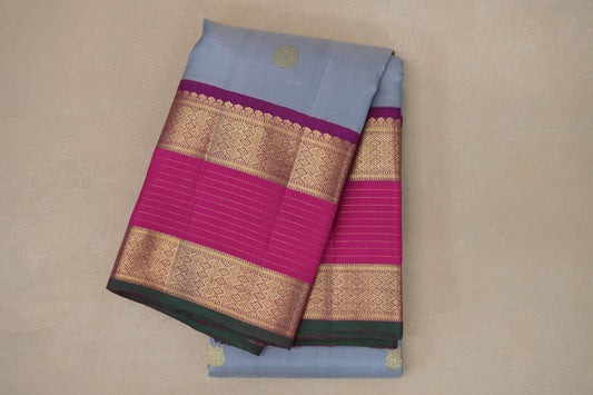 Ash grey with Bright Rani Pink borders Vintage Kanjivaram Silk Saree SS9100