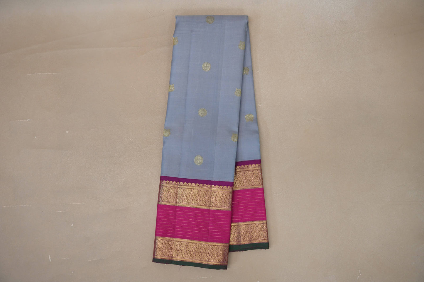 Ash grey with Bright Rani Pink borders Vintage Kanjivaram Silk Saree SS9100