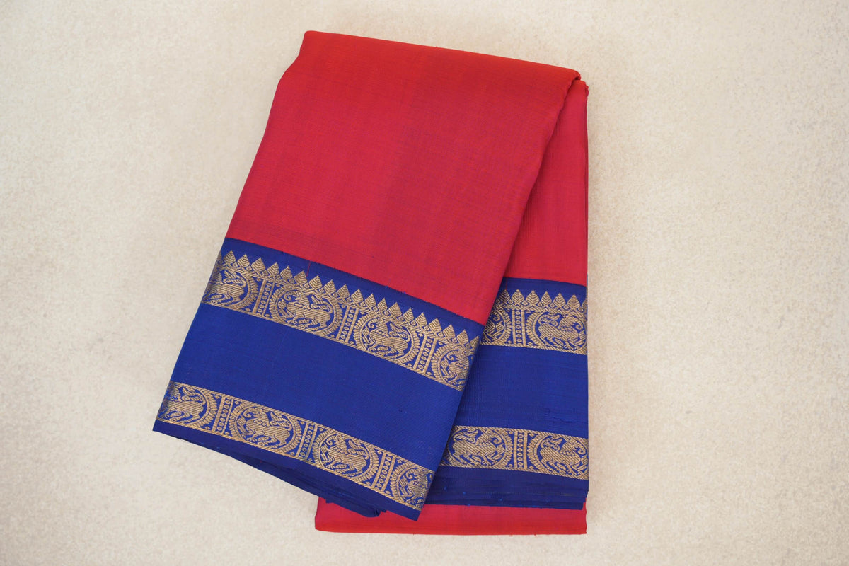 Pinkish Red with Deep Classic Blue Rettai Pettu Borders Plant Based Kanjivaram Silk Saree