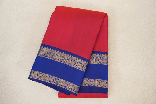 Pinkish Red with Deep Classic Blue Rettai Pettu Borders Plant Based Kanjivaram Silk Saree