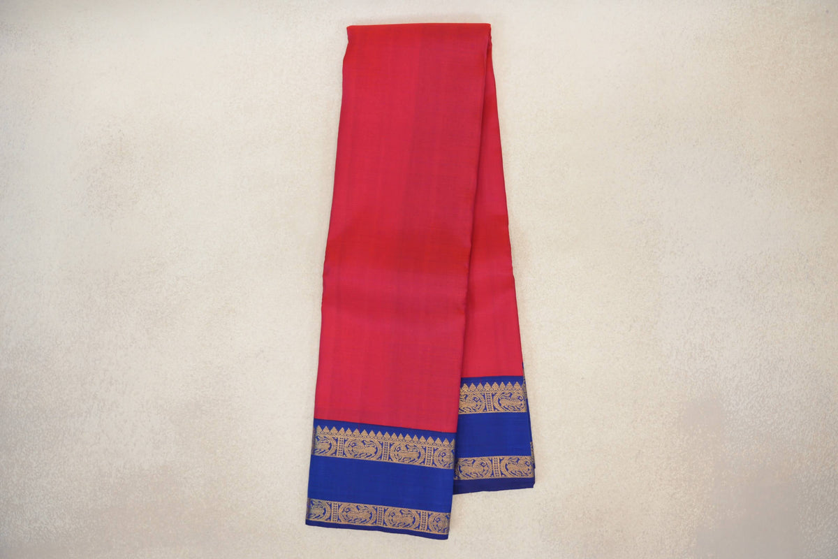 Online Pinkish Red with Deep Classic Blue Rettai Pettu Borders Plant Based Kanjivaram Silk Saree