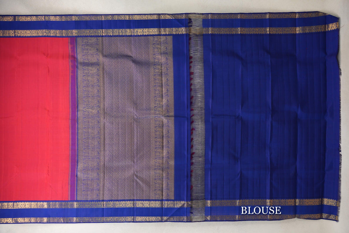 Pinkish Red with Deep Classic Blue Rettai Pettu Borders Plant Based Kanjivaram Silk Saree blouse