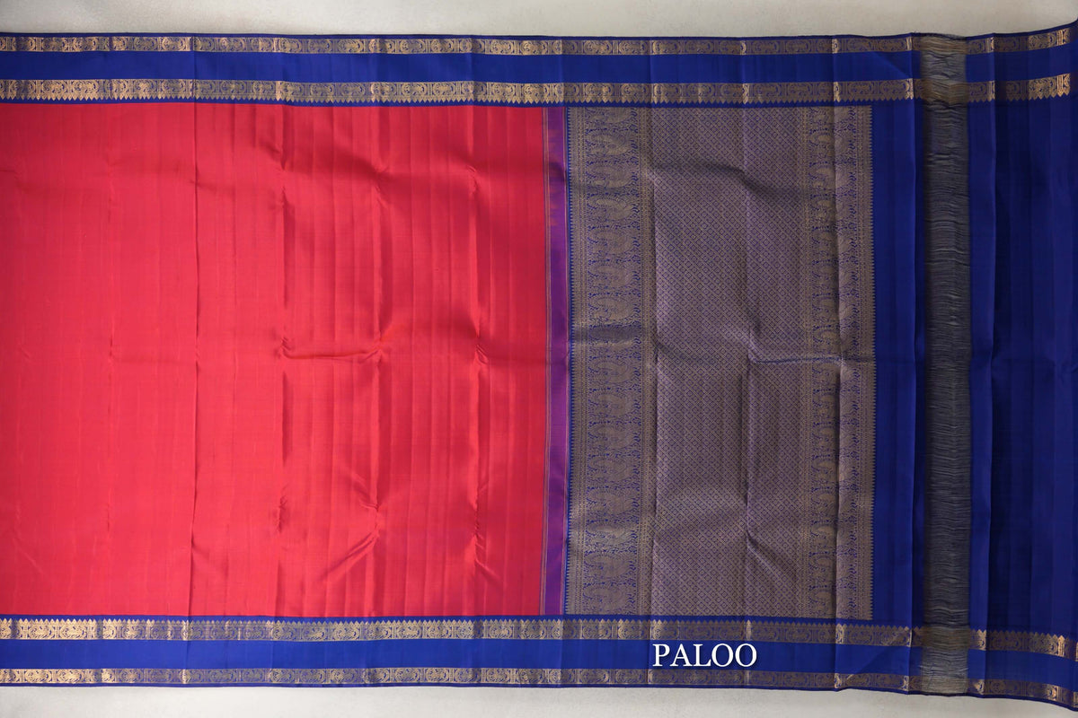 Pinkish Red with Deep Classic Blue Rettai Pettu Borders Plant Based Kanjivaram Silk Saree paloo