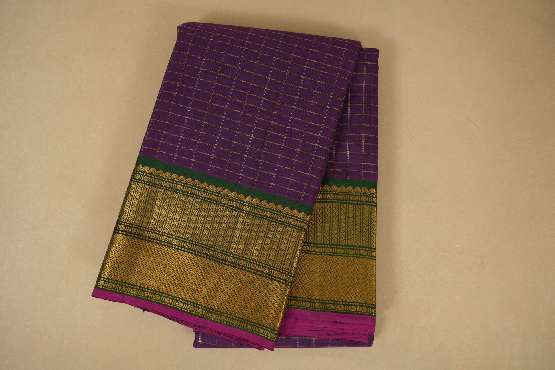Purple zari checks folded vintage kanjivaram silk saree