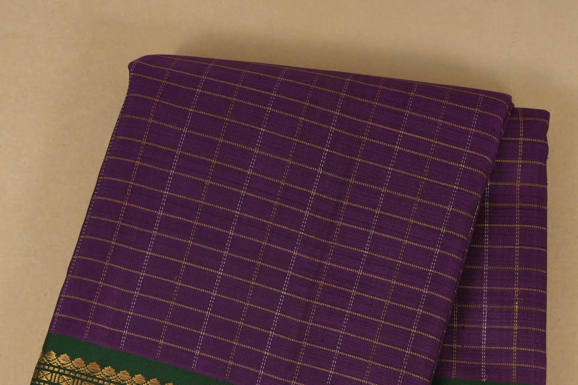 Purple Zari Checks with Selvedge Green Borders Kanjivaram Silk Saree  body zoom