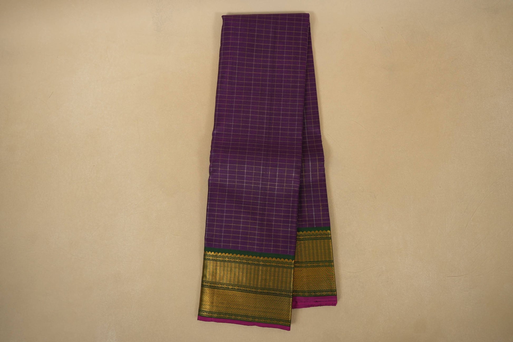 Purple Zari Checks with Selvedge Green Borders Kanjivaram Silk Saree 