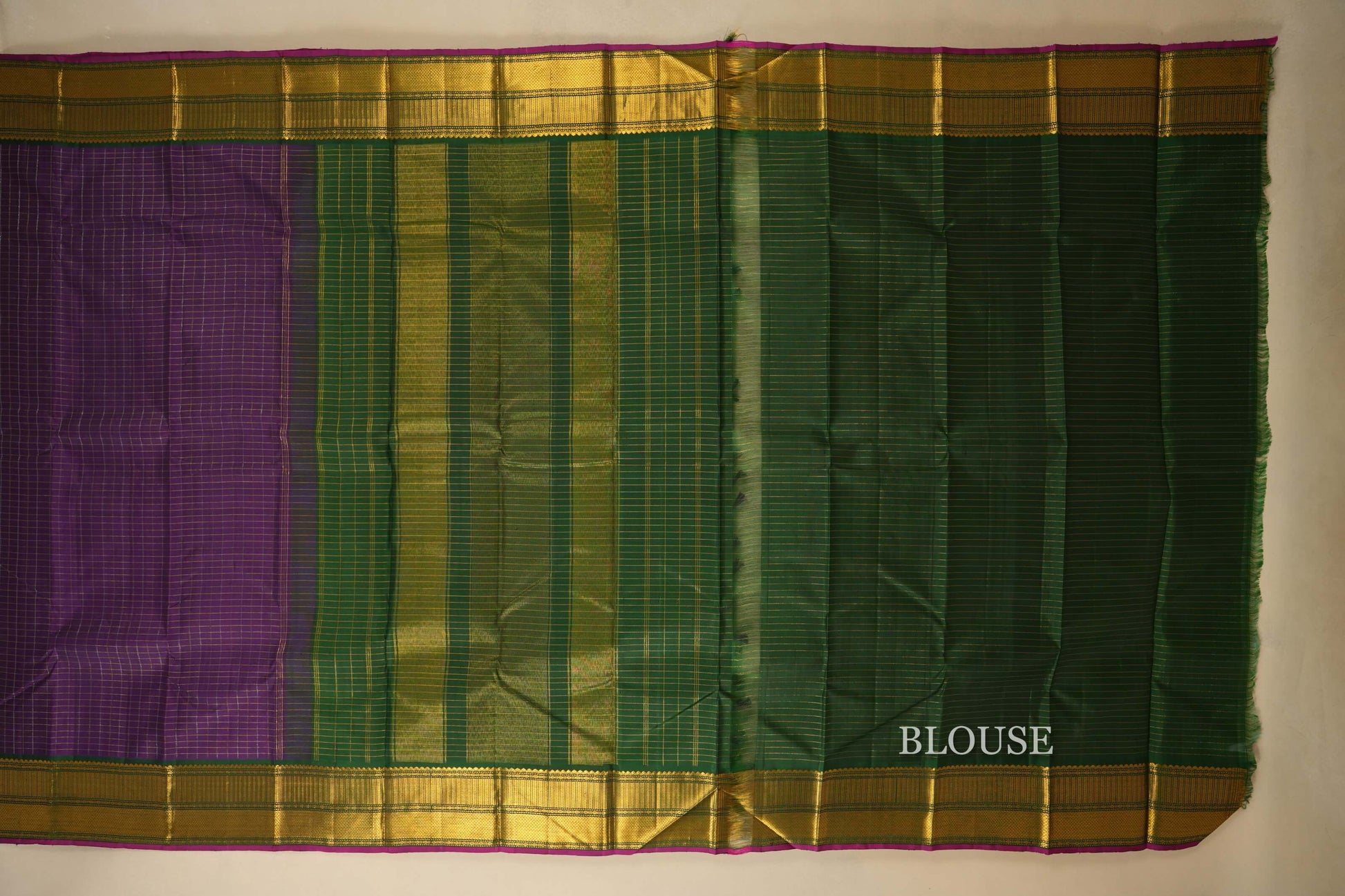 Purple Zari Checks with Selvedge Green Borders Kanjivaram Silk Saree  blouse