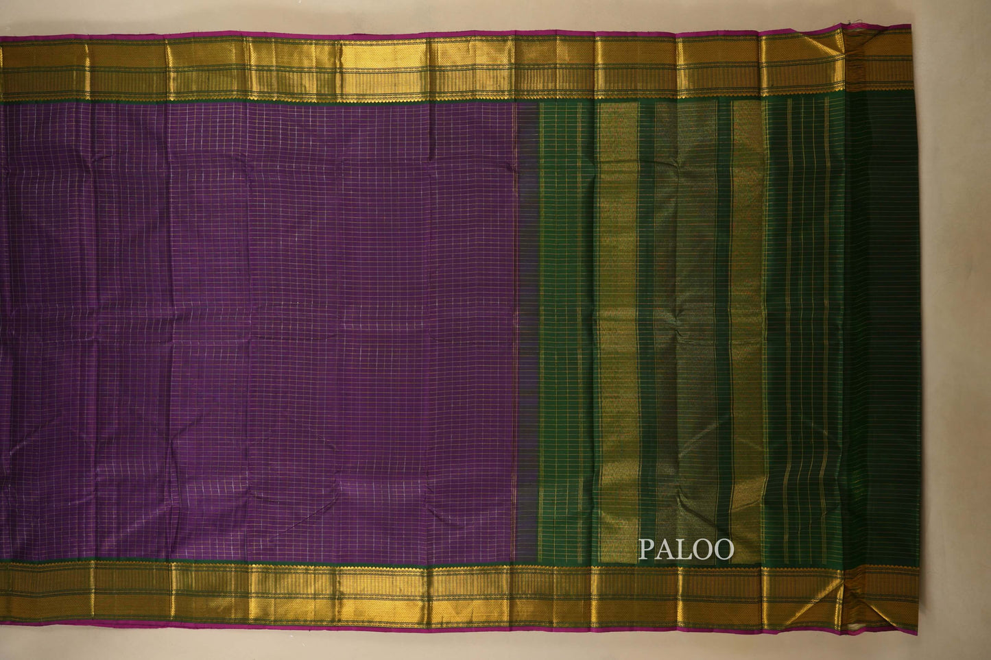 Purple Zari Checks with Selvedge Green Borders Kanjivaram Silk Saree paloo