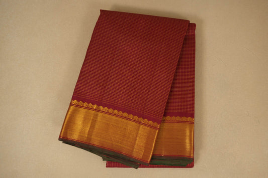 Maroon mini zari checks folded vintage kanjivaram silk saree