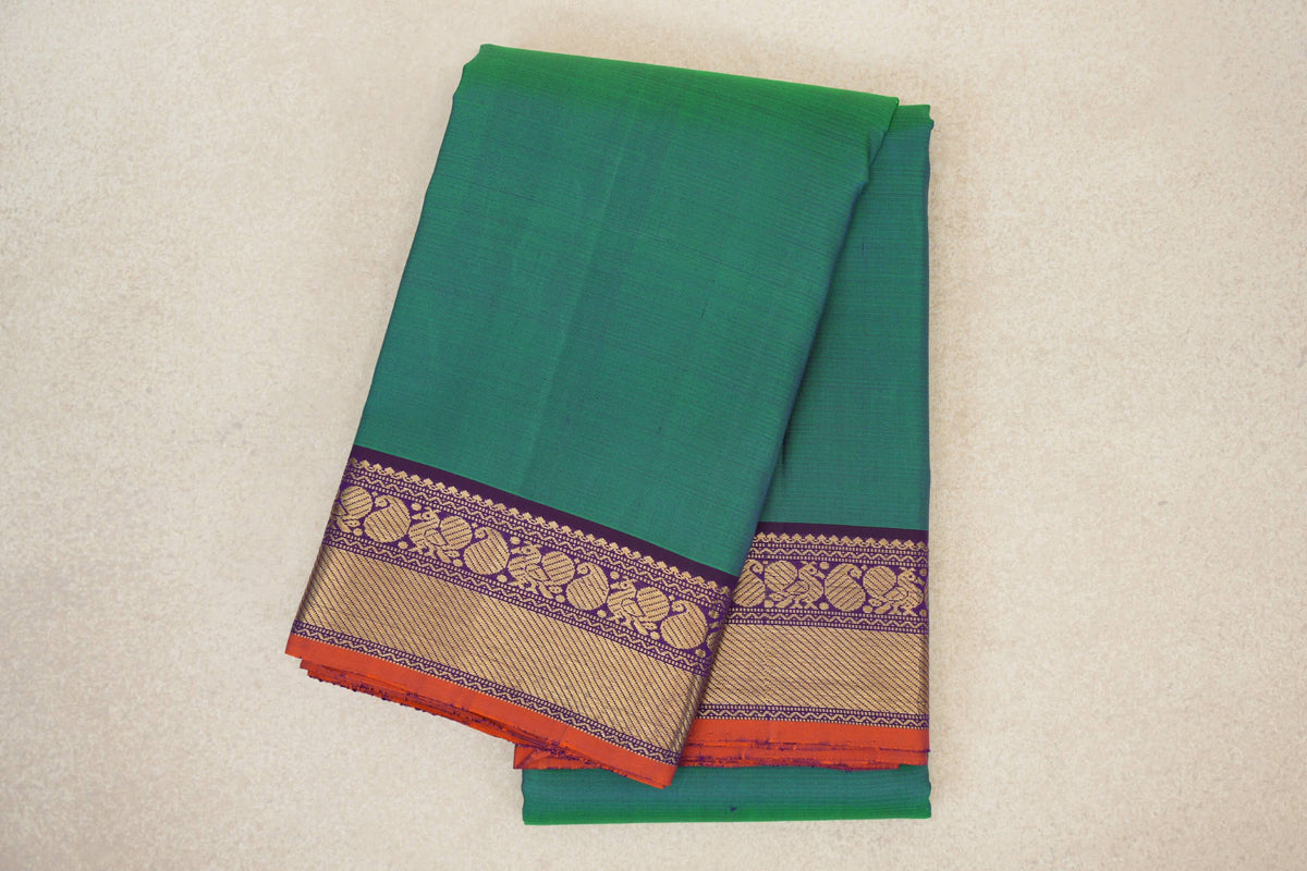 Dual Tone of Blue and Green with Deep Purple with Orange Selvedge Borders Vintage Kanjivaram Silk Saree 