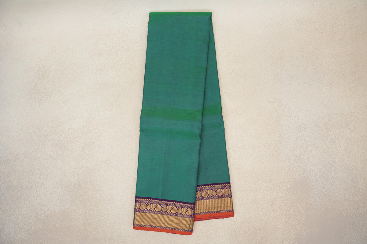Online Dual Tone of Blue and Green with Deep Purple with Orange Selvedge Borders Vintage Kanjivaram Silk Saree 