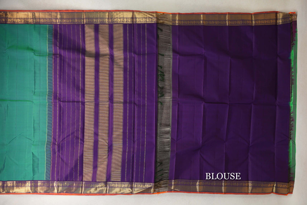 Dual Tone of Blue and Green with Deep Purple with Orange Selvedge Borders Vintage Kanjivaram Silk Saree blouse