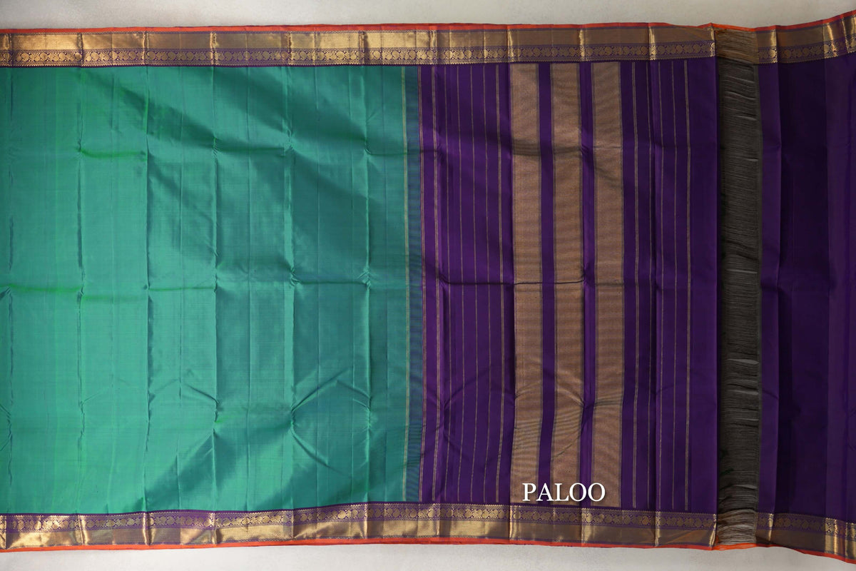 Dual Tone of Blue and Green with Deep Purple with Orange Selvedge Borders Vintage Kanjivaram Silk Saree paloo