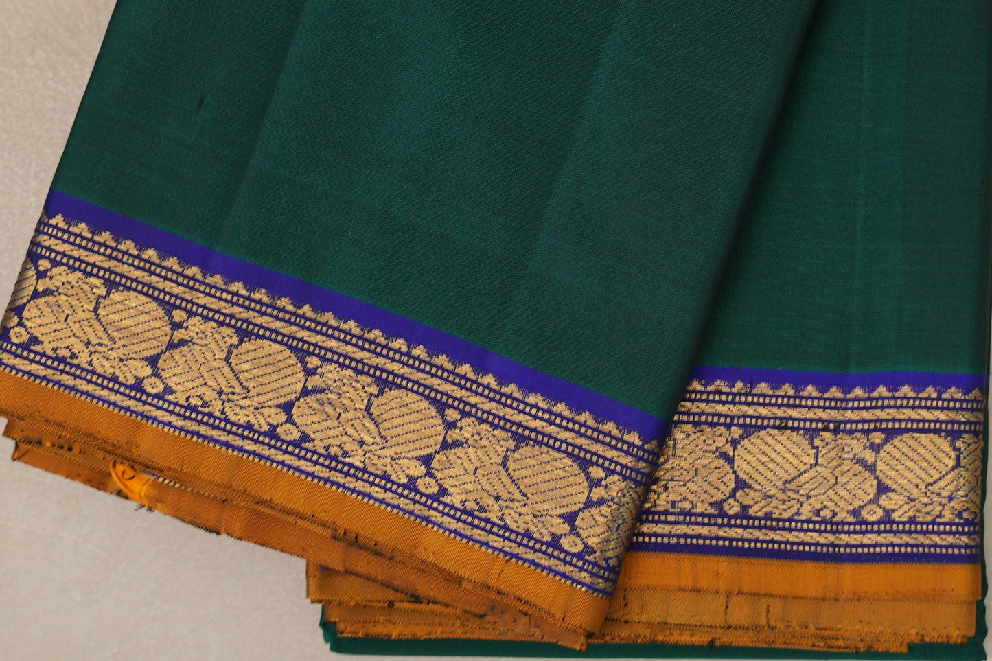 Green with Deep blue with Mustard Orange selvedge Vintage Kanjivaram Silk Saree SS9108