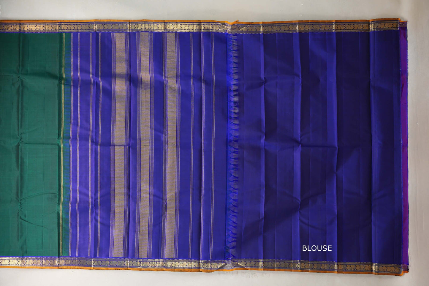 Green with Deep blue with Mustard Orange selvedge Vintage Kanjivaram Silk Saree SS9108
