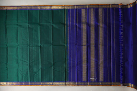 Green with Deep blue with Mustard Orange selvedge Vintage Kanjivaram Silk Saree SS9108