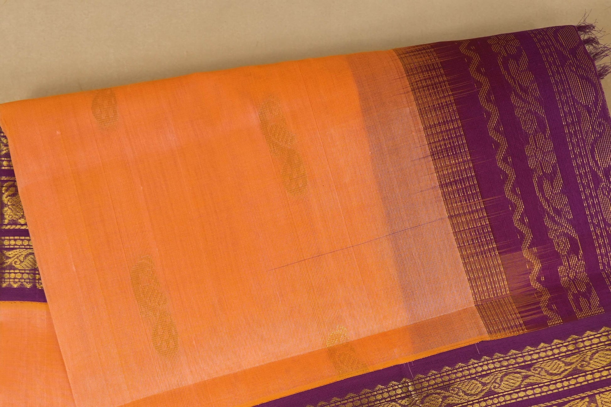 Peach with Purple Borders Silk Cotton Saree Body Zoom