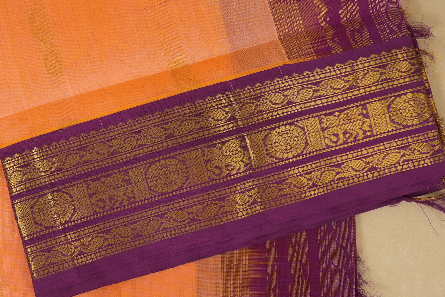 Peach with Purple Borders Silk Cotton Saree Borders Zoom