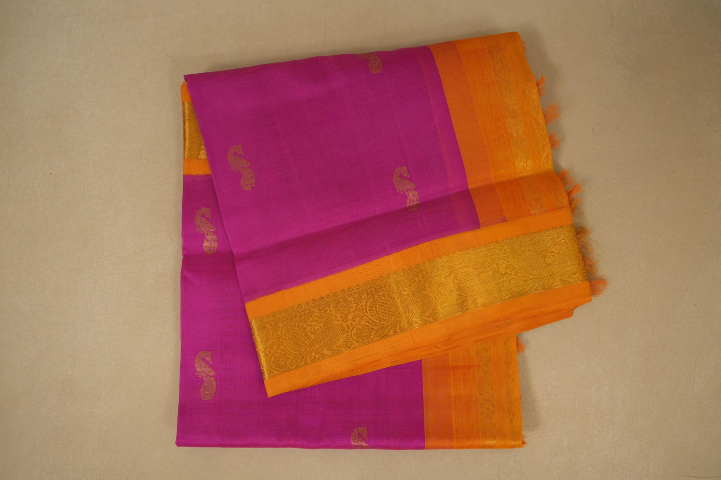 Pink with Mango Yellow Borders  Folded Silk Cotton Saree