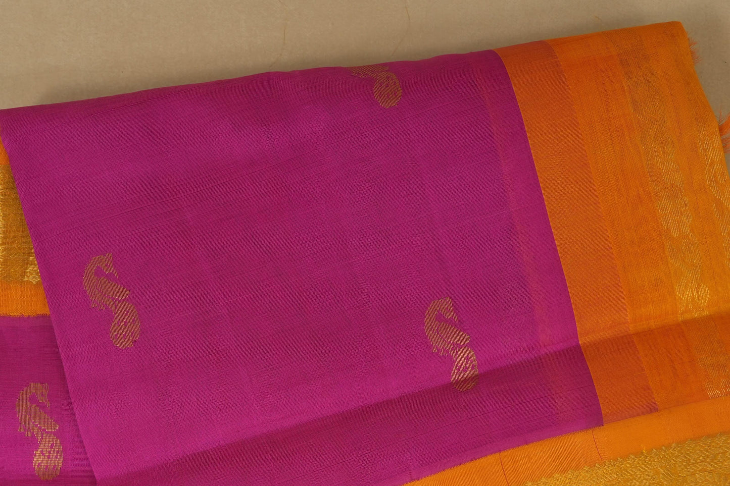 Pink with Mango Yellow Borders Silk Cotton Saree body zoom