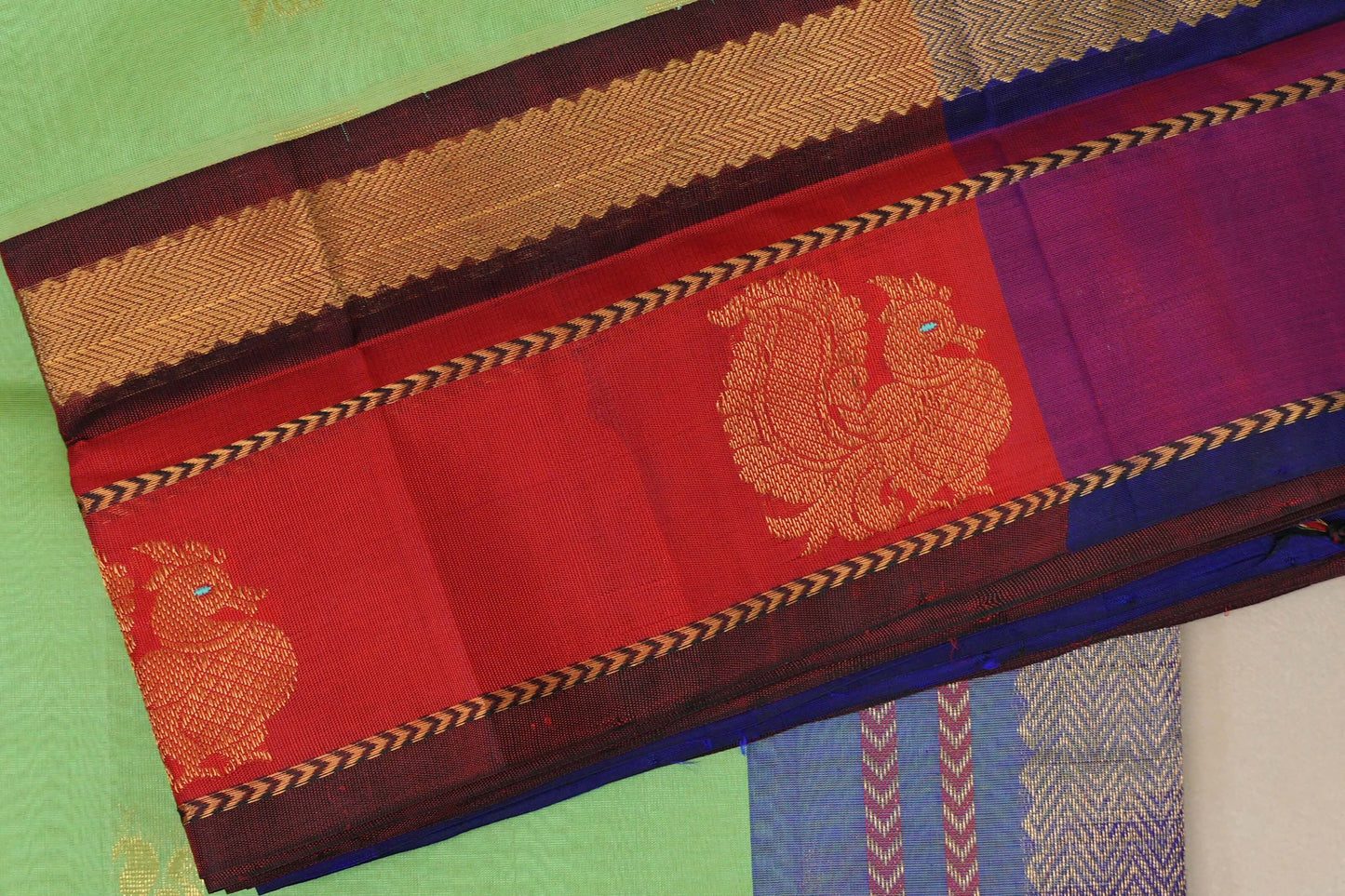 Pastel Green with Bright Red Borders Vintage Silk Cotton Saree SS9116