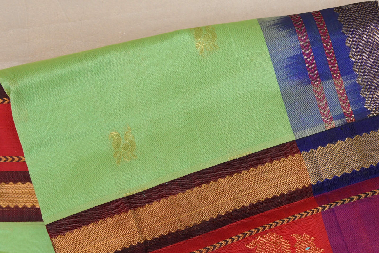 Pastel Green with Bright Red Borders Vintage Silk Cotton Saree SS9116