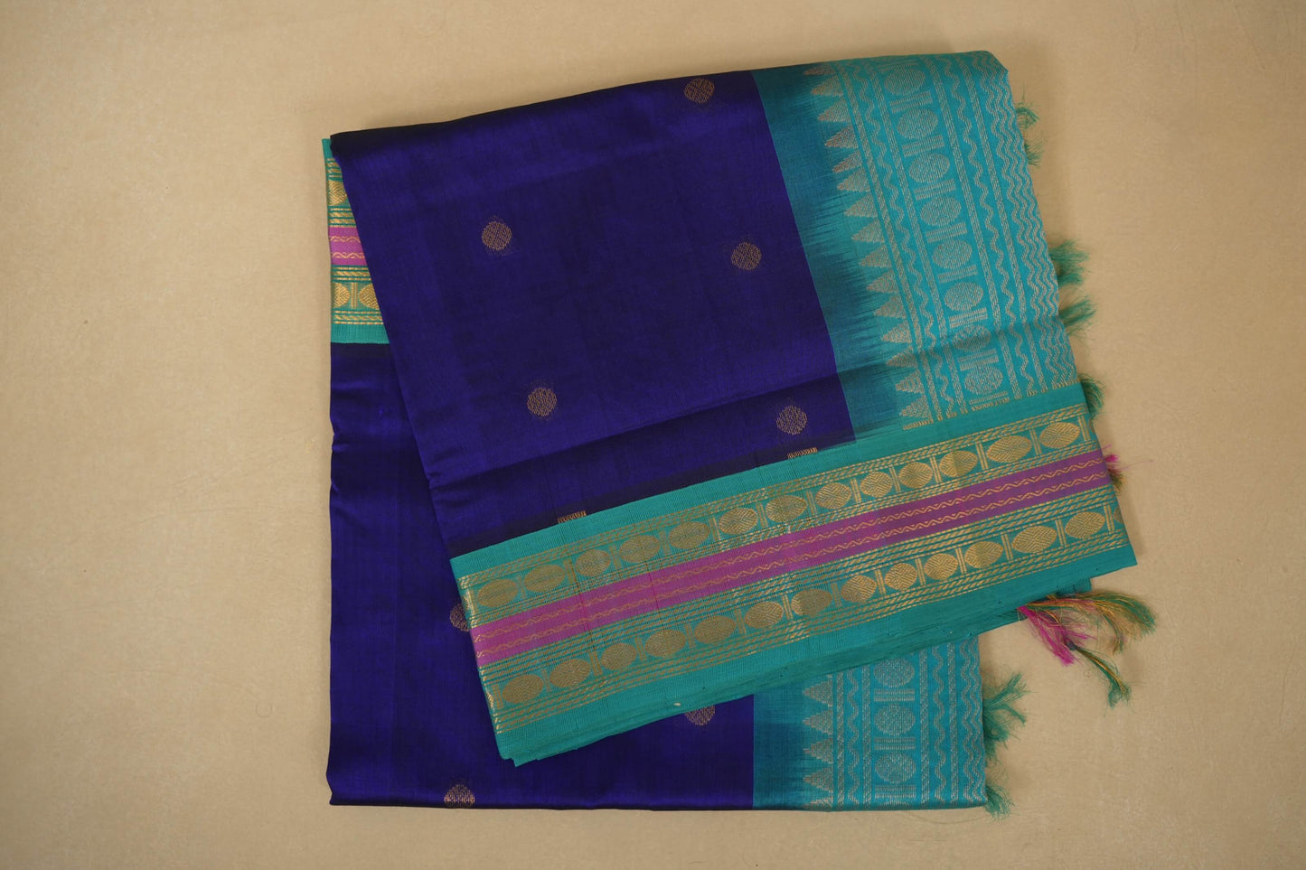 Dark blue vintage silk cotton folded saree
