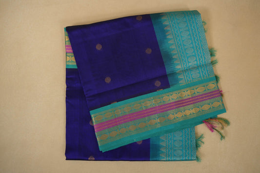Dark blue vintage silk cotton folded saree