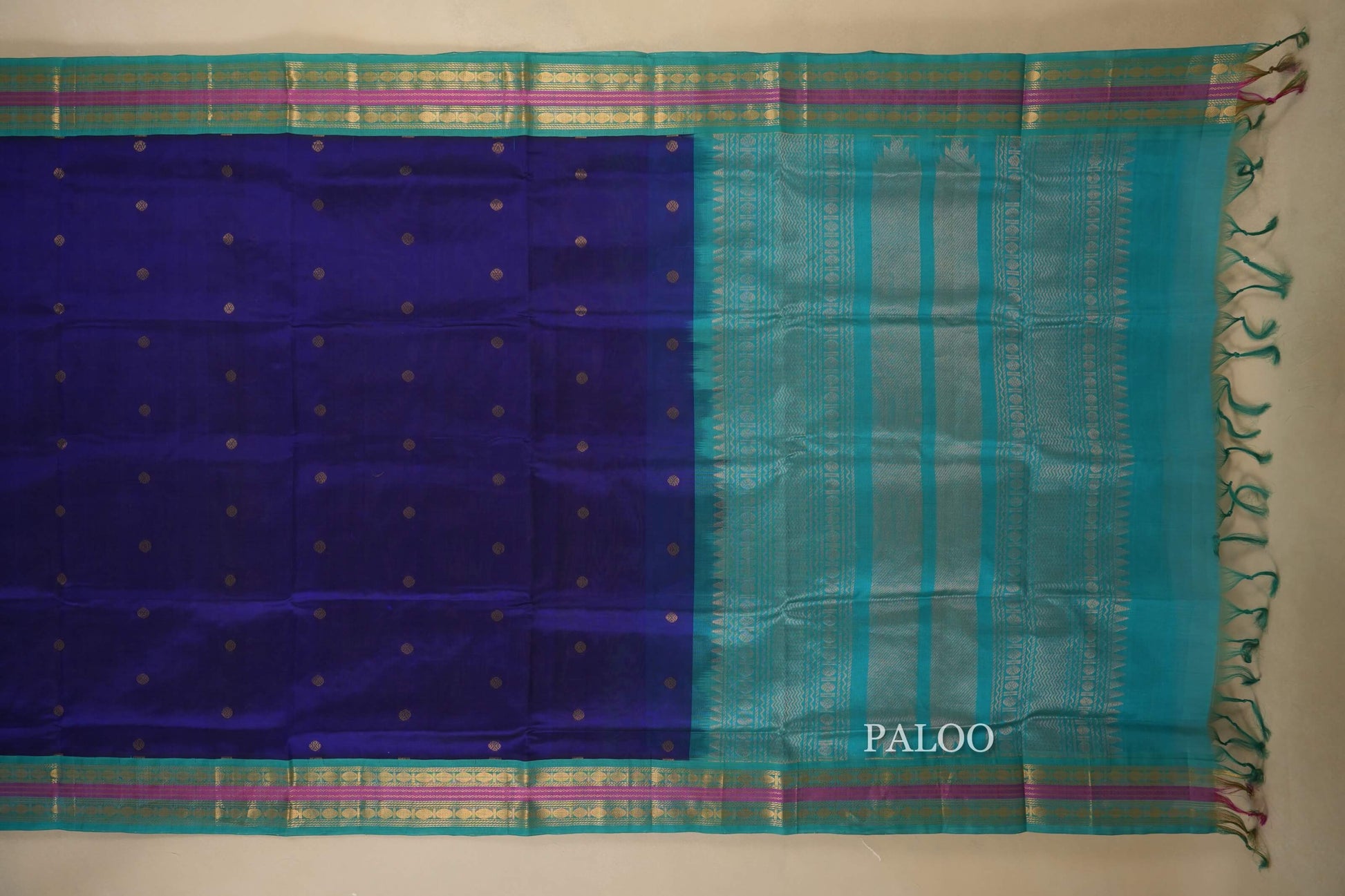 Dark blue vintage silk cotton saree paloo