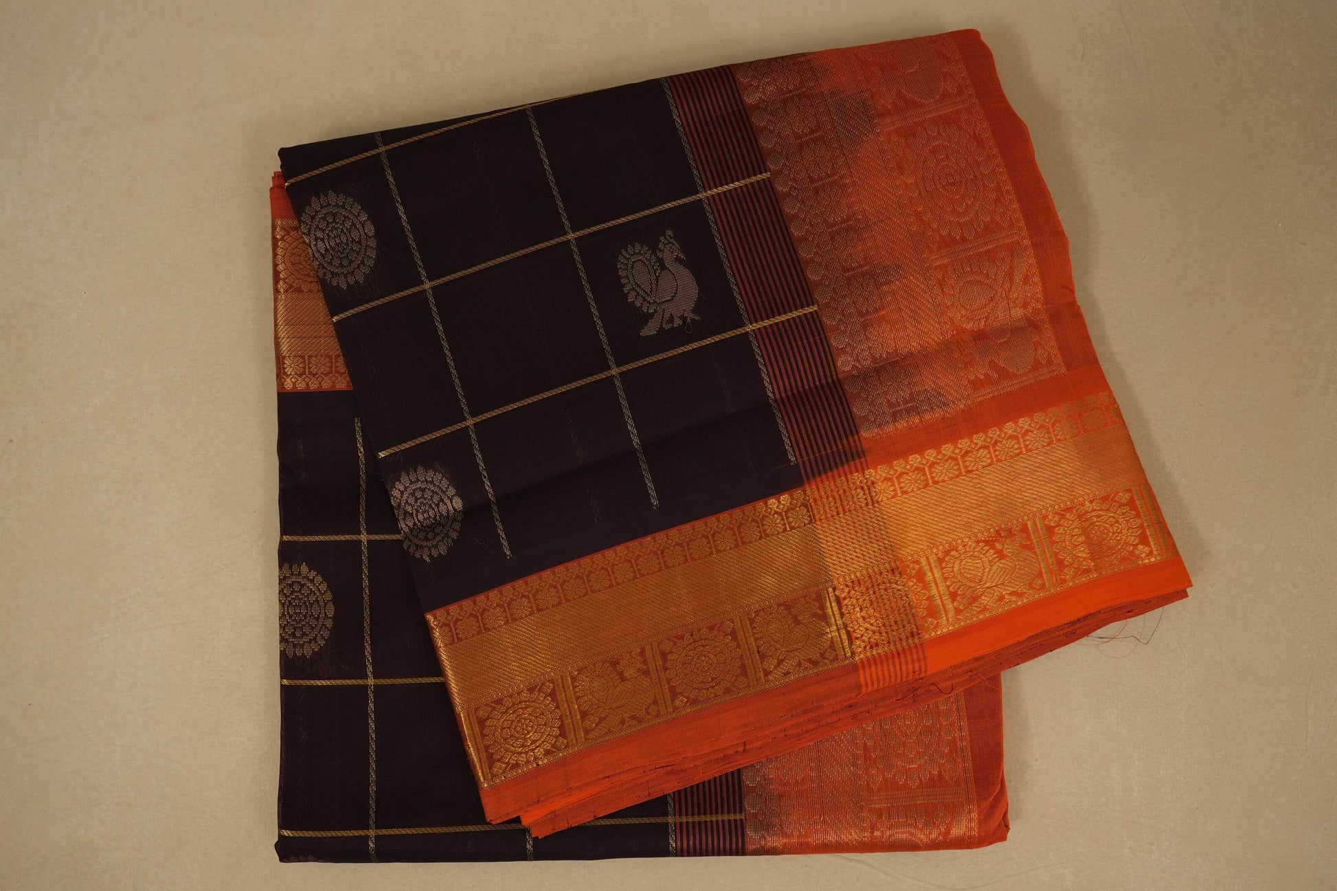 Dark Coffee Brown checks Nine and a half Yards Silk Cotton Saree 