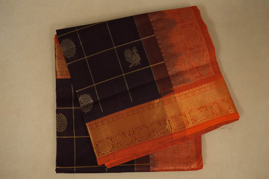 Dark Coffee Brown checks Nine and a half Yards Silk Cotton Saree 