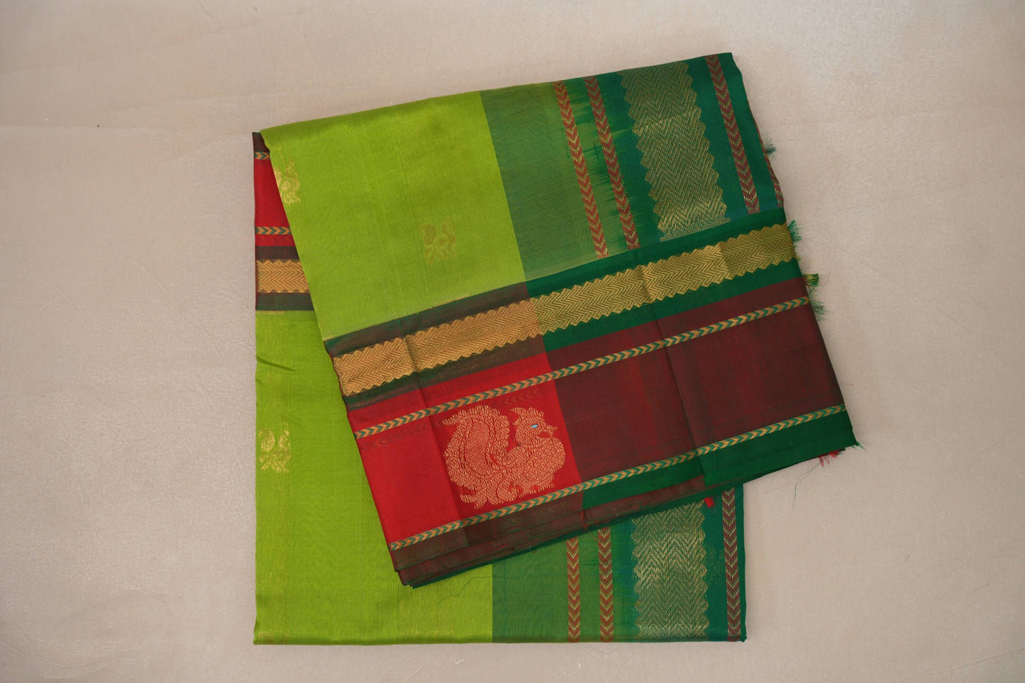 Parrot Green with Bright Red Borders Vintage Silk Cotton Saree SS9120