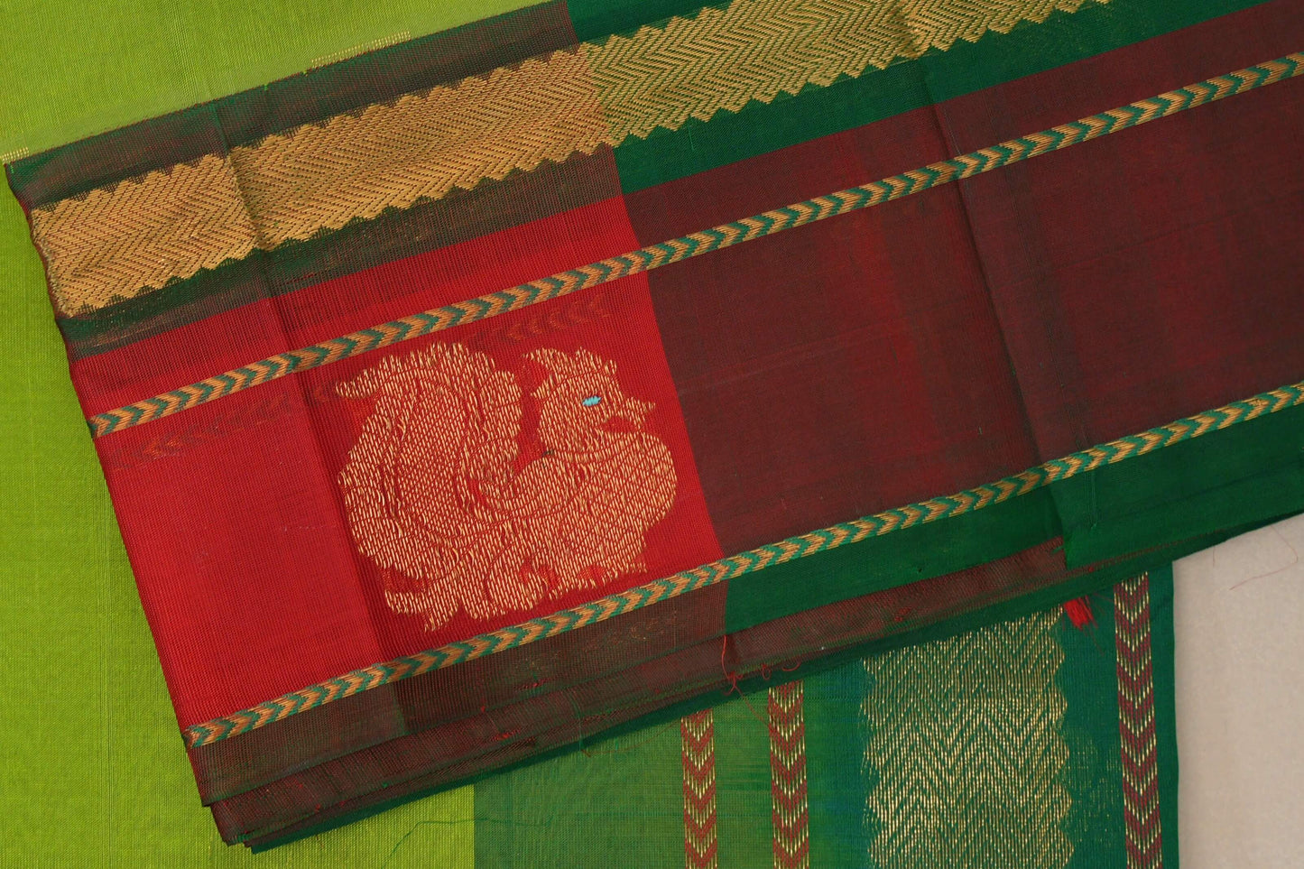 Parrot Green with Bright Red Borders Vintage Silk Cotton Saree SS9120