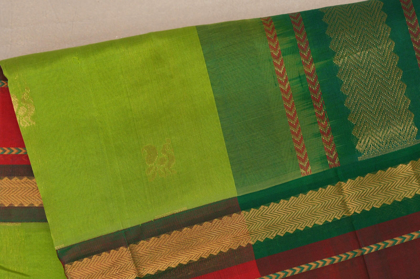 Parrot Green with Bright Red Borders Vintage Silk Cotton Saree SS9120