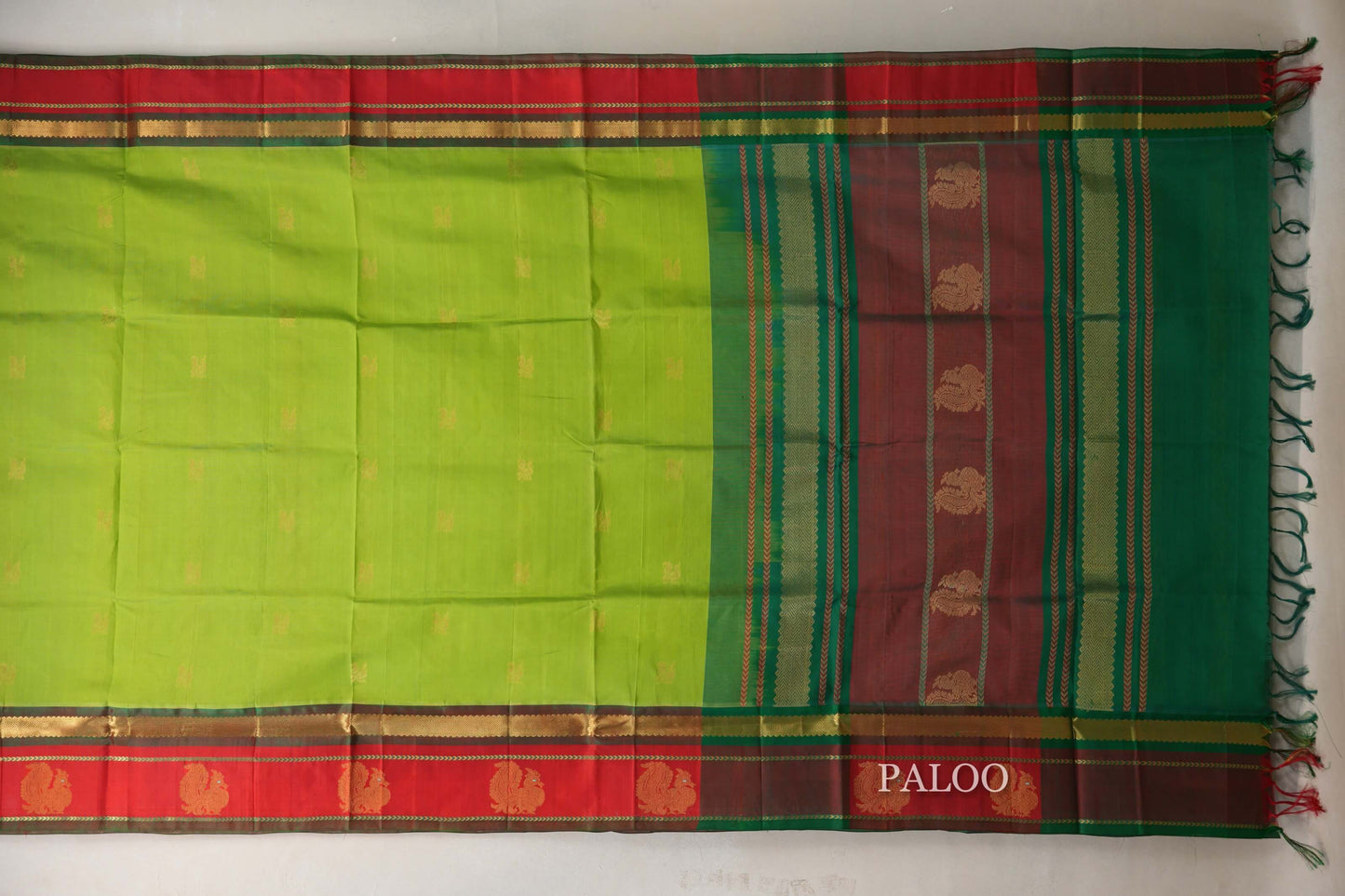 Parrot Green with Bright Red Borders Vintage Silk Cotton Saree SS9120