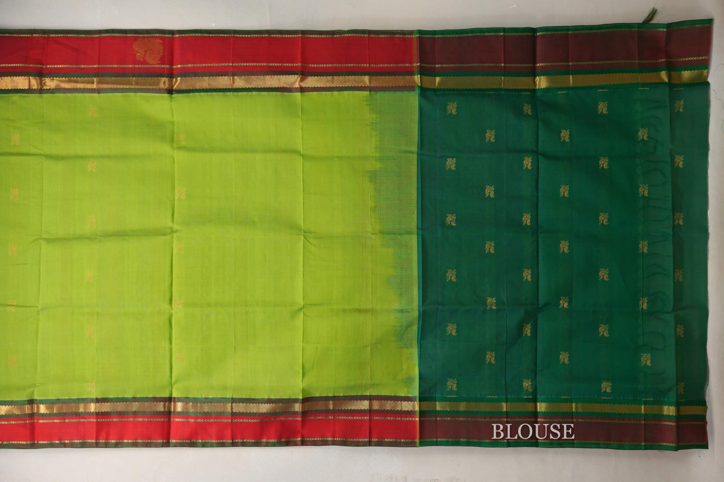 Parrot Green with Bright Red Borders Vintage Silk Cotton Saree SS9120