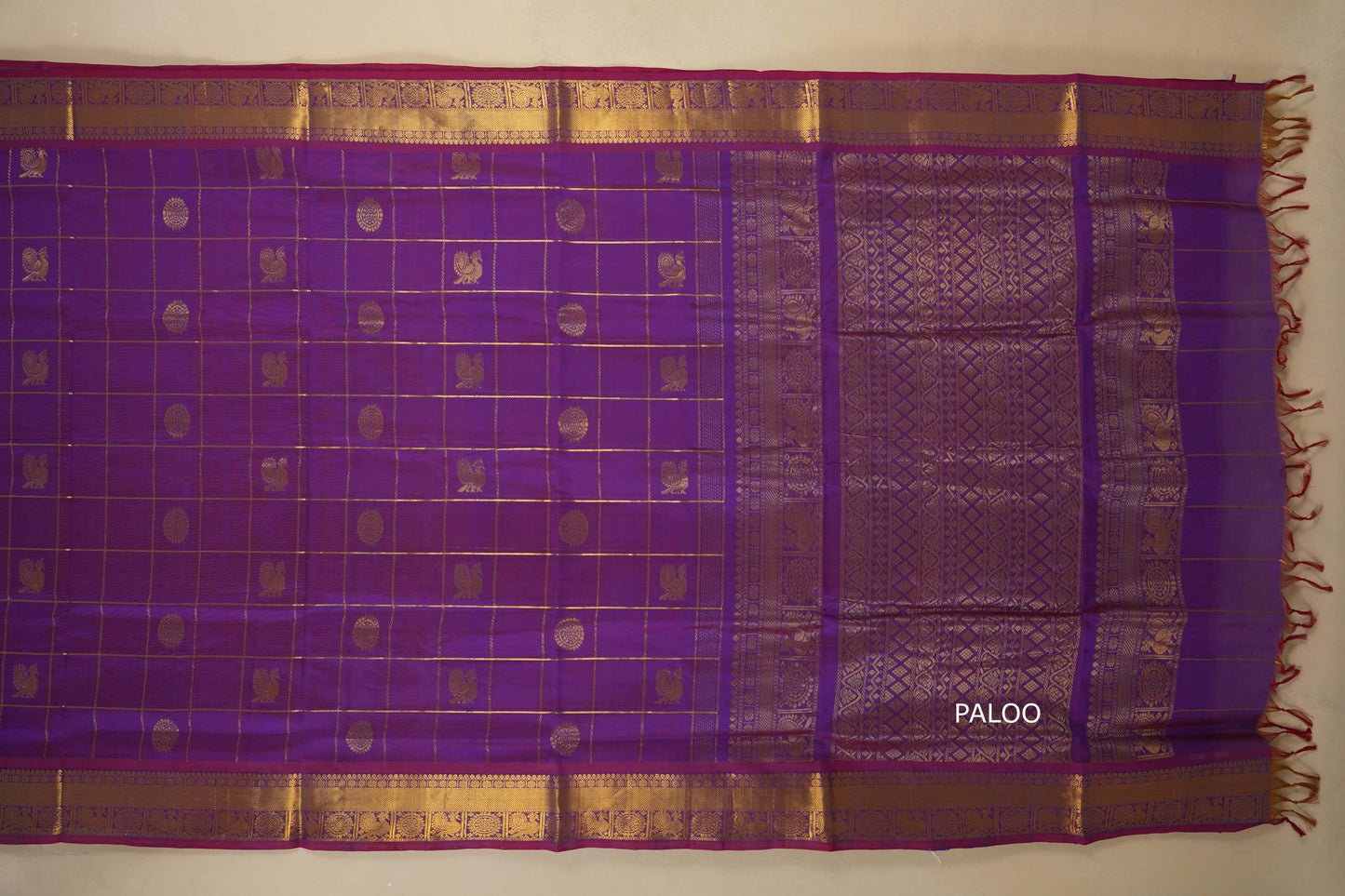 Red with Blue Dual Tone Nine and a half Yards Silk Cotton Saree paloo
